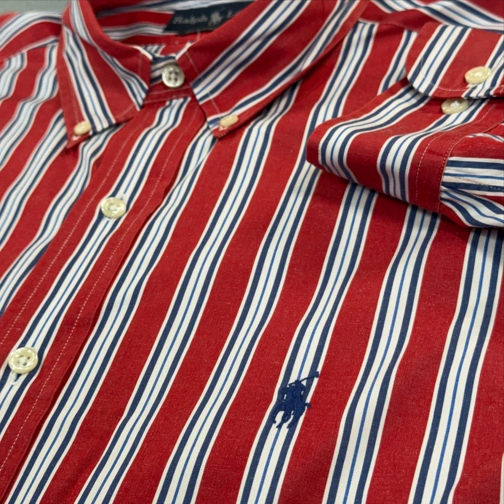 Ralph Lauren Classic Fit Red White Blue Striped Button Down Shirt Mens L 16.5